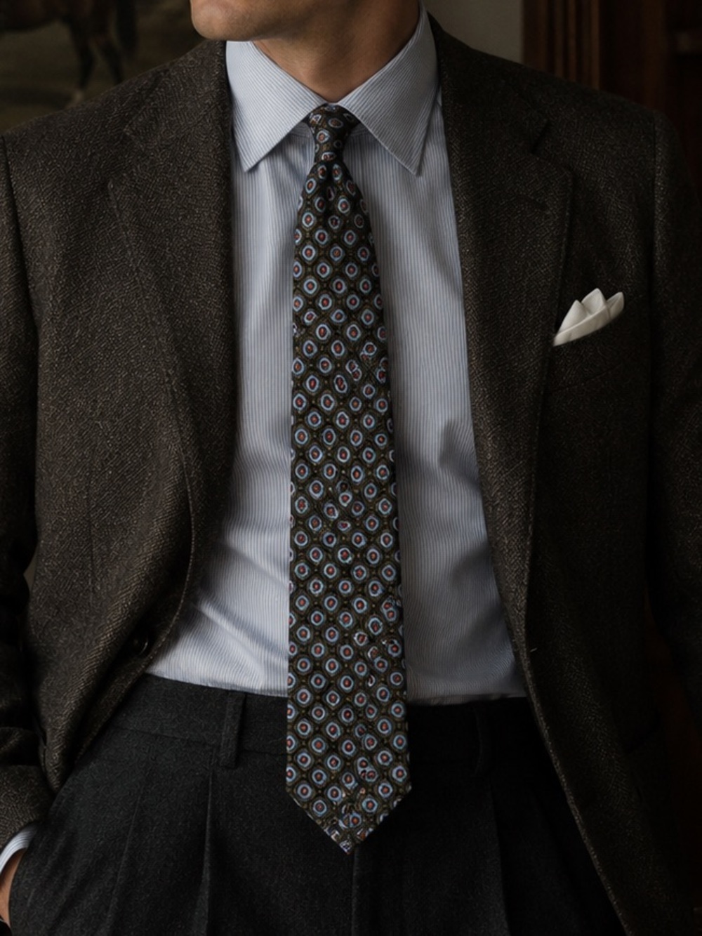 Holt Renfrew Italian Silk Tie Olive Blue Geometric Luxury Chic Academia Office